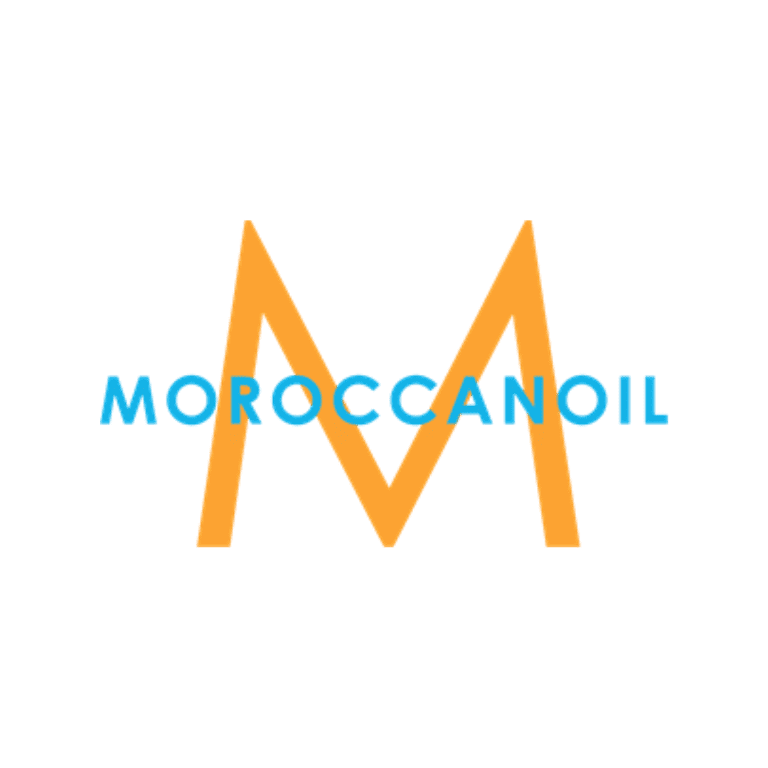 Moroccanoil logo with an orange 'M' and blue text on a white background.